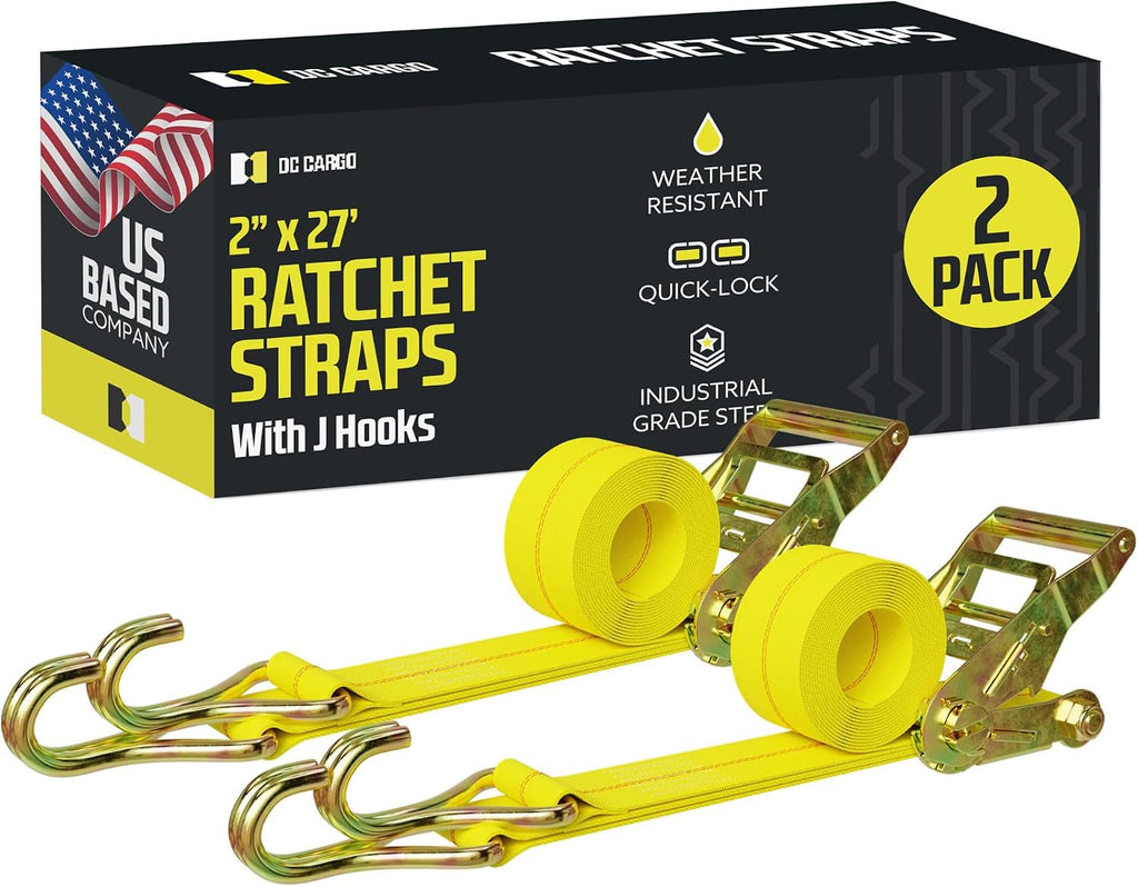 DC Cargo Tie-Down Ratchet Straps J-Hooks, (Pack of 2) Heavy Duty 2" x 27' Tie-Down Ratcheting Cargo Truck Straps Wire