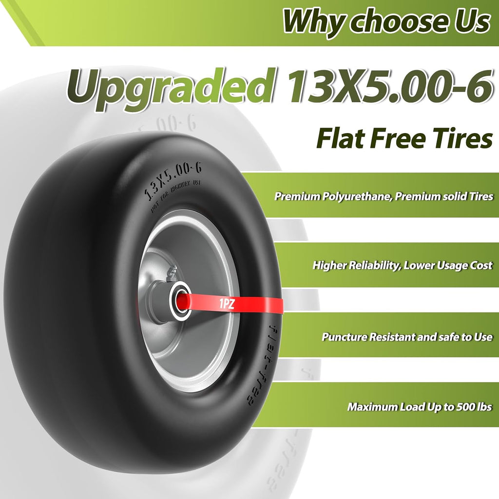 13x5.00-6 Flat Free Lawn Mower Tire and Wheel 13x5x6 Solid Front Tires | for Zero Turn Mower 500Lbs Load 3/4" 5/8"