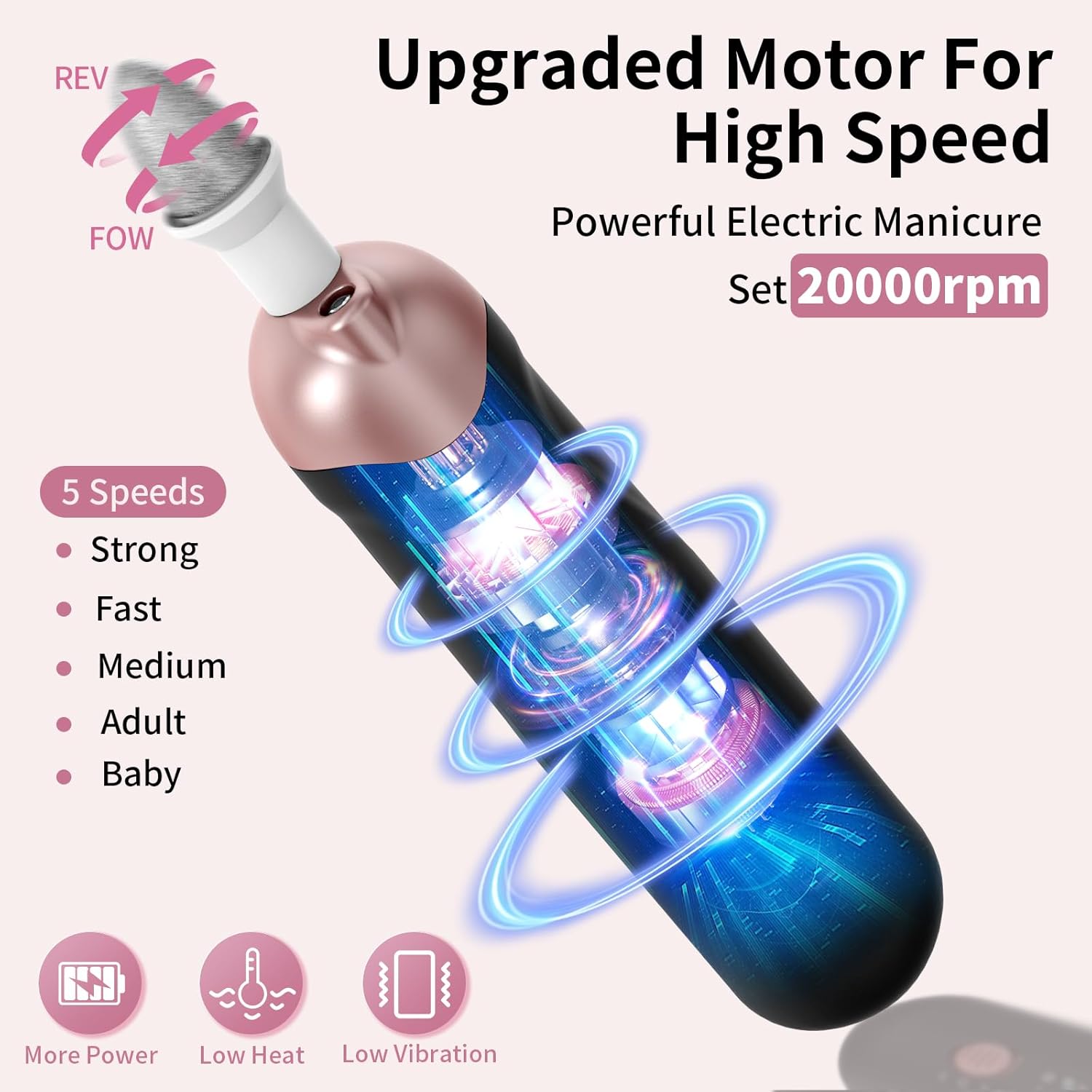 Professional Manicure Pedicure Kit, Cordless Electric Nail File Set, Rechargeable Pedicure Tools for feet, 5 Speeds