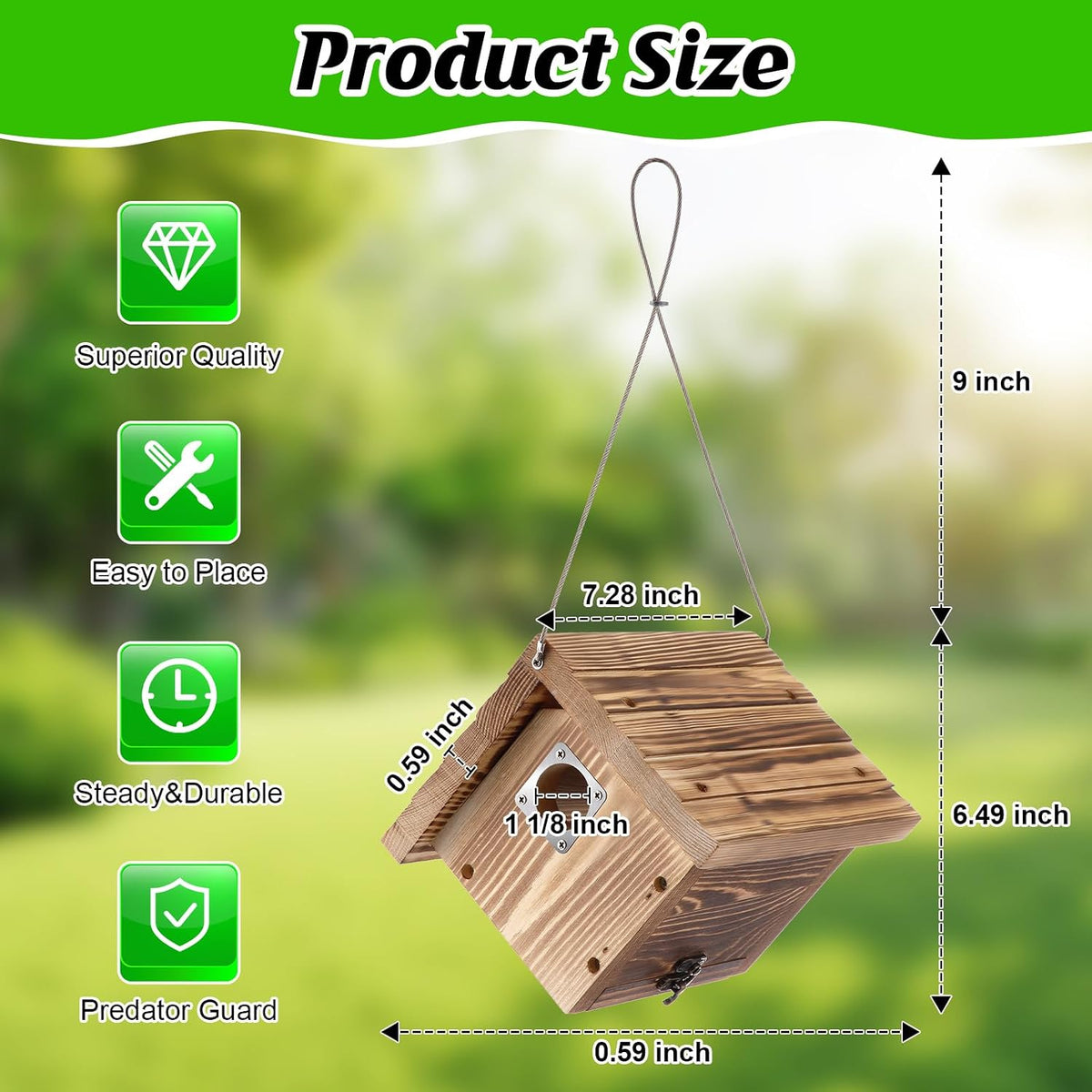 1 Pack Wren House with Metal Guard, 1-1/8'' Entrance Hole Hanging Wren Bird Houses for Outside for Nesting with Air
