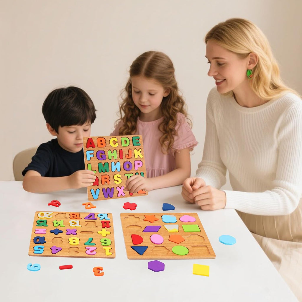 Alphabet Wooden Puzzles for Toddlers 3-5, Pack of 3 ABC, Number and Shape Puzzle, Preschool Educational Learning Toys