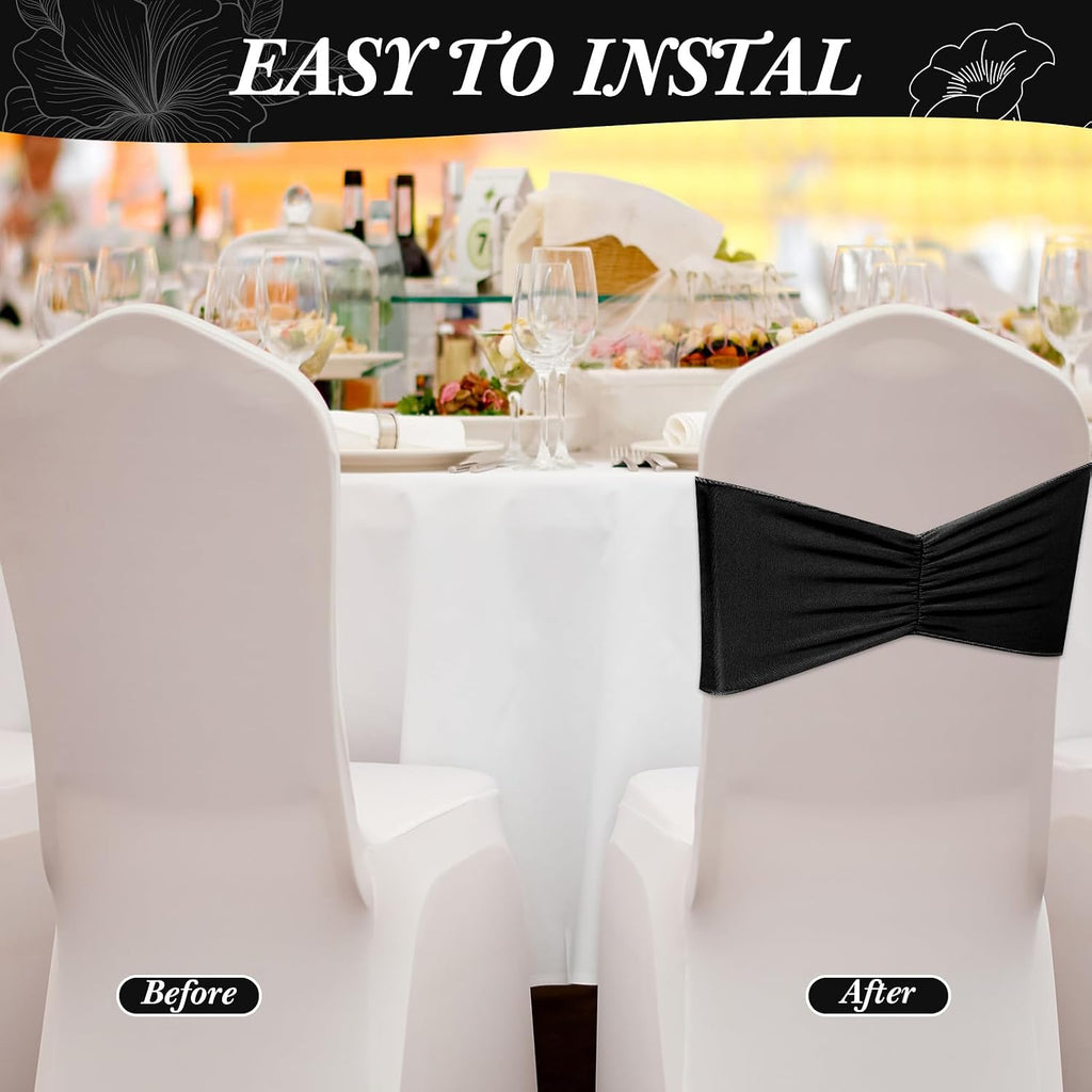 50 Pcs Spandex Chair Sashes Bows Stretch Chair Bands, Black