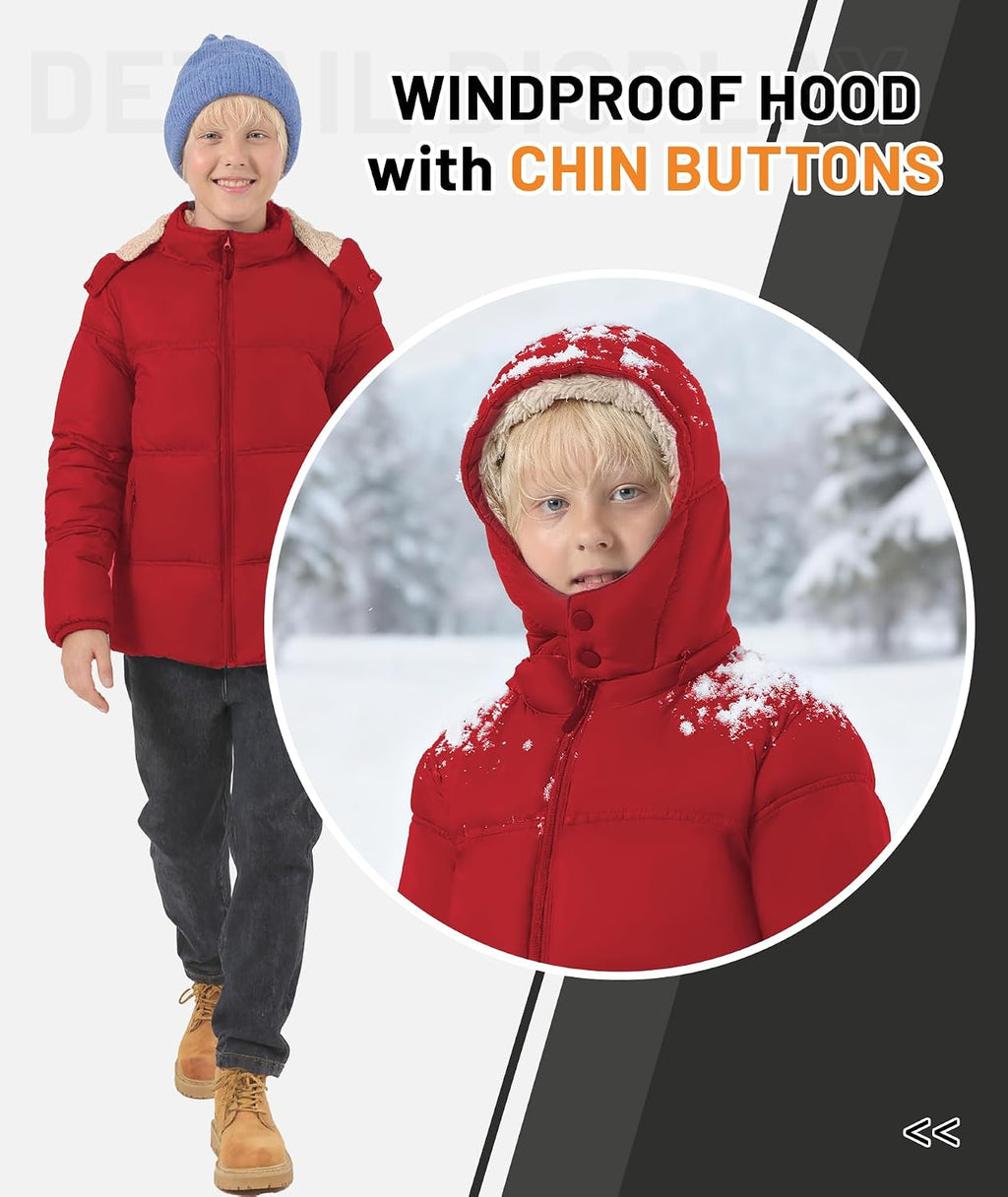 Boy's Winter Coat Thermal Puffer Jacket Warm Sherpa Fleece Lined Water-Resistant Zip Outerwear Coat with Detachable Hood