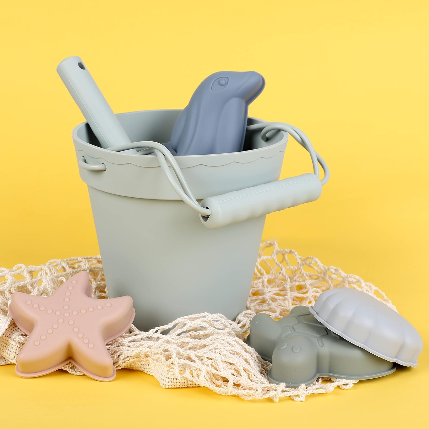 Silicone Beach Toys - Modern Baby | Travel Friendly Set Bucket, Shovel, 4 Sand Molds, Bag for Toddlers, Kids Green
