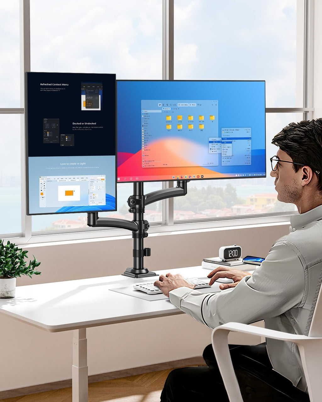 Dual Monitor Stand for 2 Screens up to 32 inch, Vertical Stacked Dual Monitor Mount, Full Motion Adjustable Tall