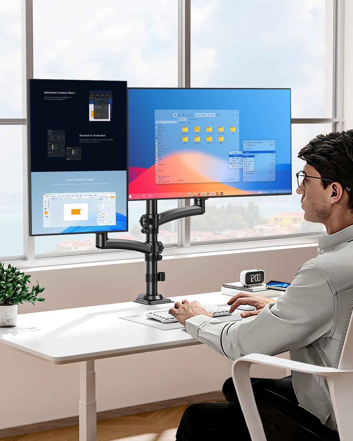 Dual Monitor Stand for 2 Screens up to 32 inch, Vertical Stacked Dual Monitor Mount, Full Motion Adjustable Tall