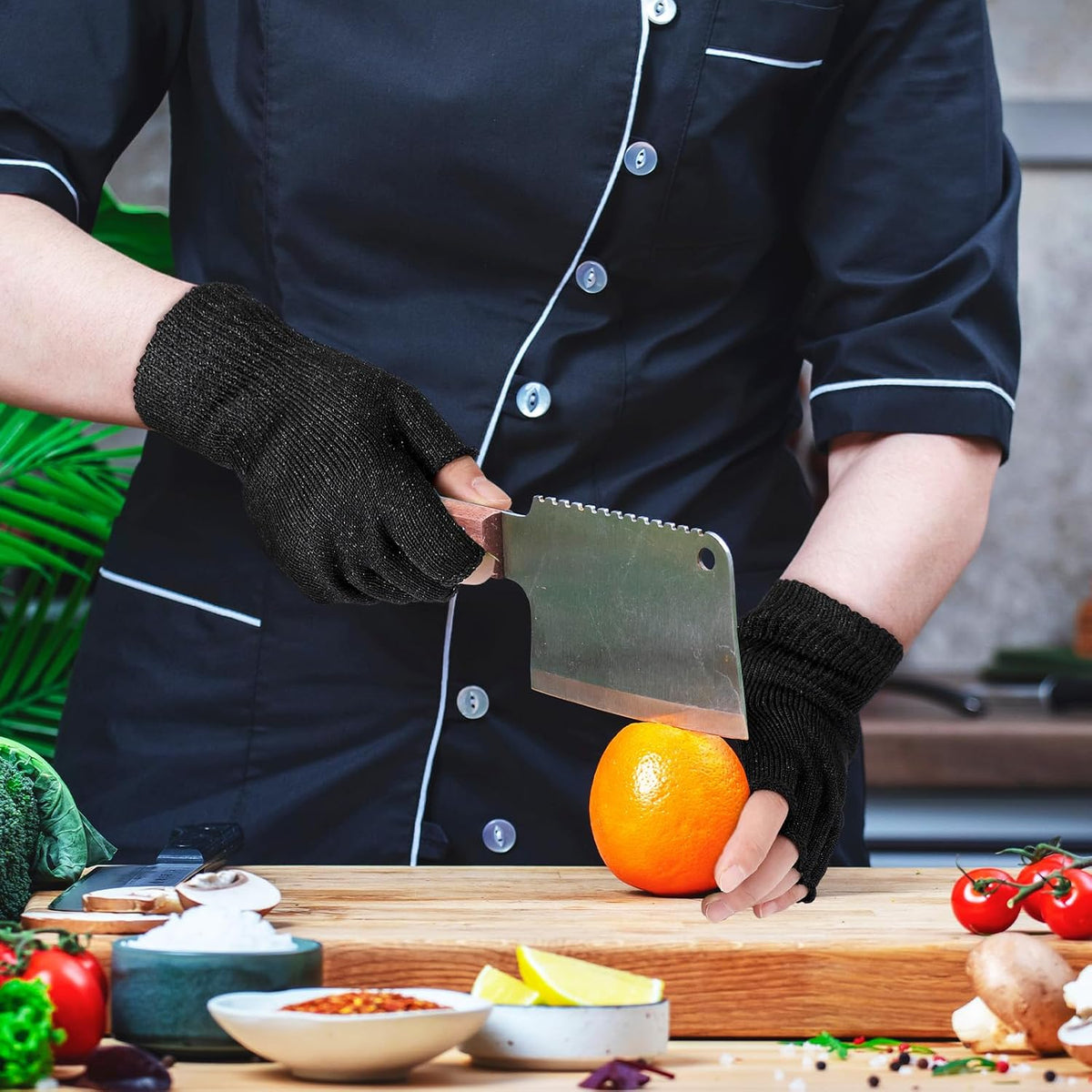 2 Pair Cut Resistant Fingerless Work Gloves, Black