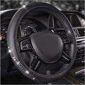 Bling Diamond Black Leather Steering Wheel Cover, Studded Crystal Rhinestones Universal Fit 14" 1/2-15" Glitter for