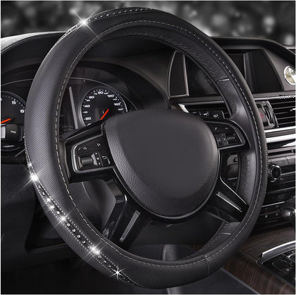 Bling Diamond Black Leather Steering Wheel Cover, Studded Crystal Rhinestones Universal Fit 14" 1/2-15" Glitter for