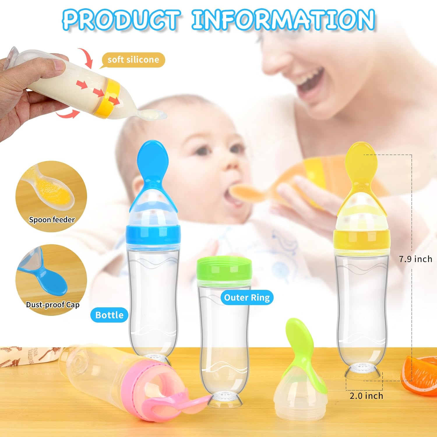 Baby Food Feeder 4 Pack Silicone Baby Food Dispensing Spoon-WAJIAYON, 3 oz Squeeze Feeding Spoons with Suction Cup