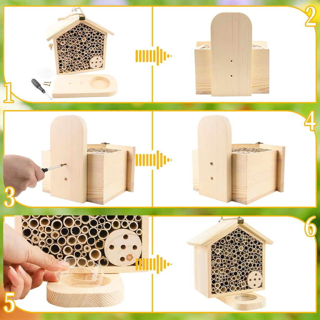 Mason Bee House with Feeding Trays, Natural Pine Wood Hanging Bee Hive