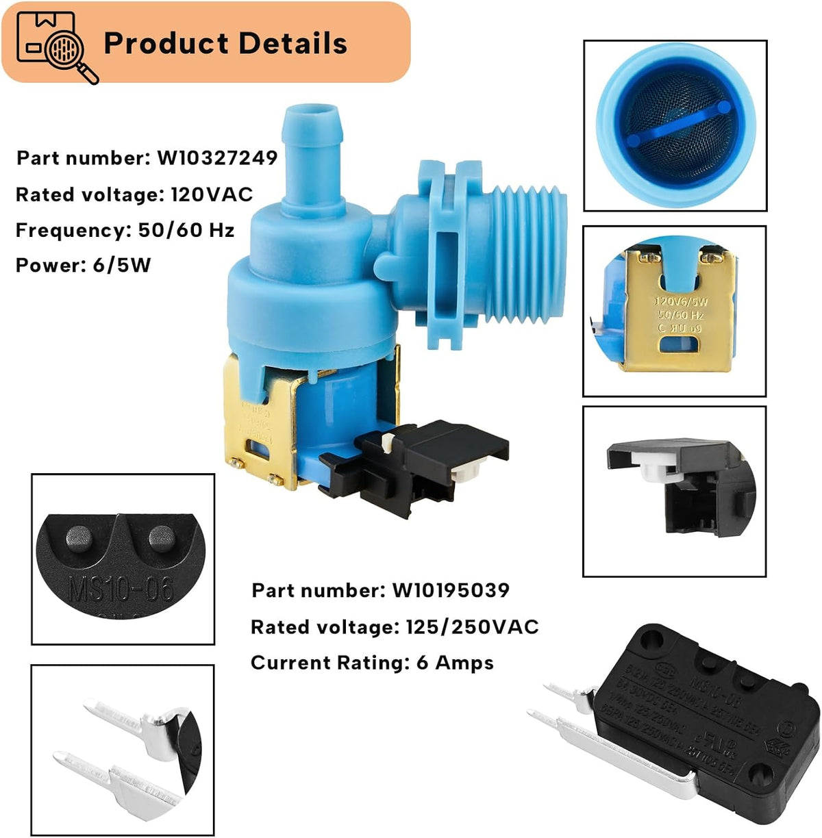 W10327249 Dishwasher Water Inlet Valve & W10195039 Float Switch Assembly
