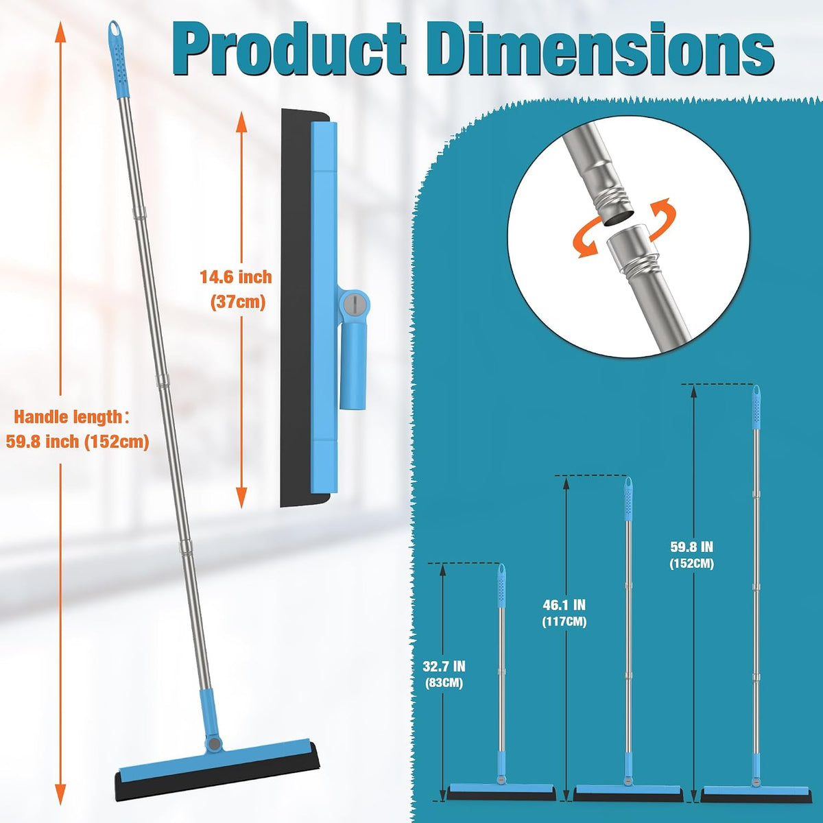 Floor Squeegee Adjustable 59'' Long Handle Professional Floor Squeegee with Hook Water Squeegee Foam Blade for