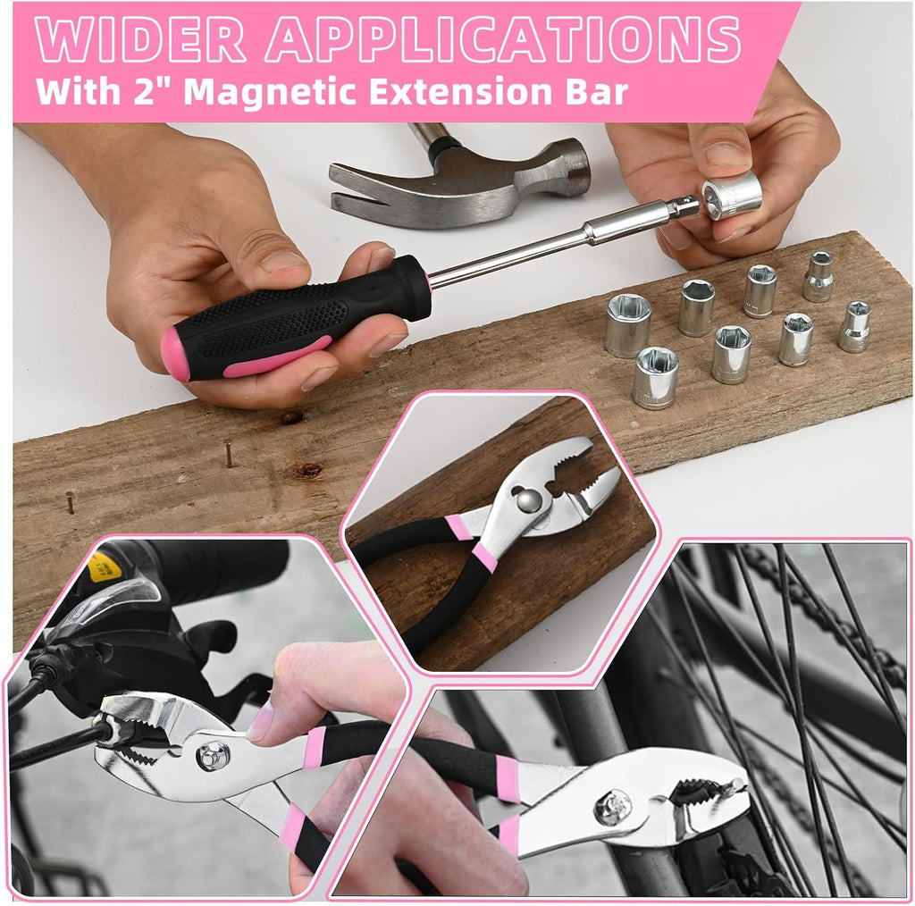 144-Piece Pink Tool Kit Basic Home Repair Tool Set General Household Hand Tool Kit Small Tool Kit with Plastic