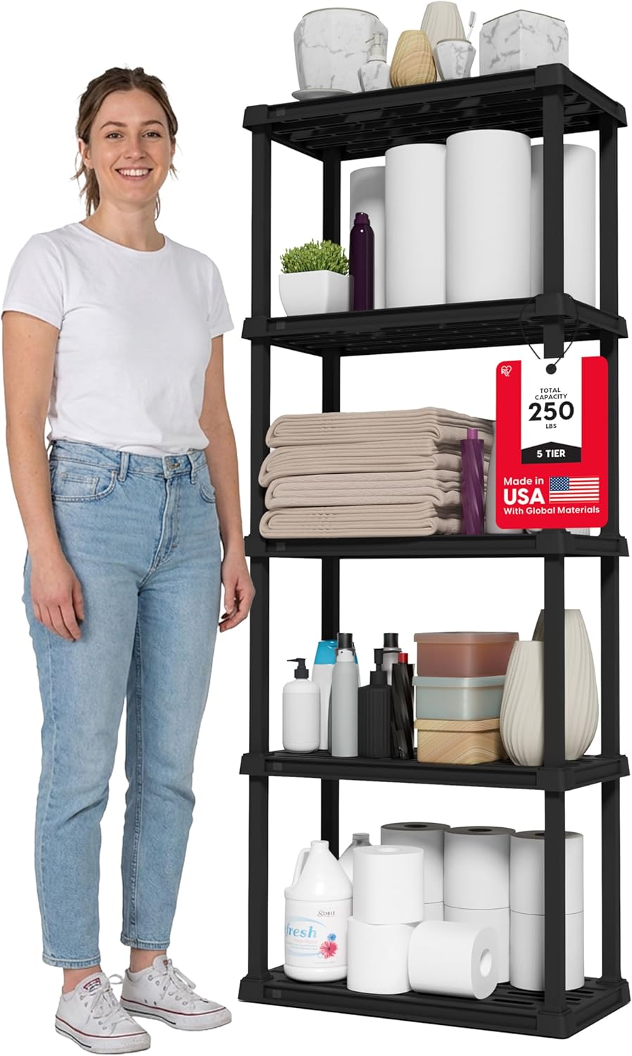 5-Shelf Light Duty Plastic Storage Shelves, 250lb Capacity, 64" H x 24" W x 12" D, Medium Modular Shelving Unit