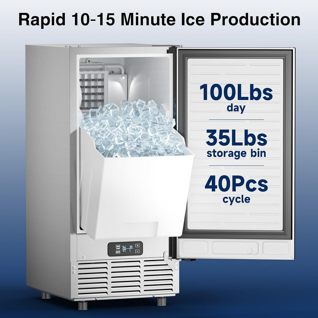 Under Counter Ice Maker Machine, 100 LBS/24H with 35 LBS Storage Bin