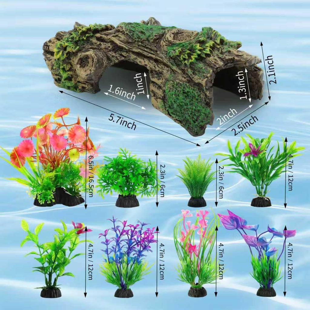 Resin Hollow Tree Trunk Betta Log Cave 1pcs with Aquarium Plants x 8pcs - Fish Tank Decorations for Betta Fish, Small