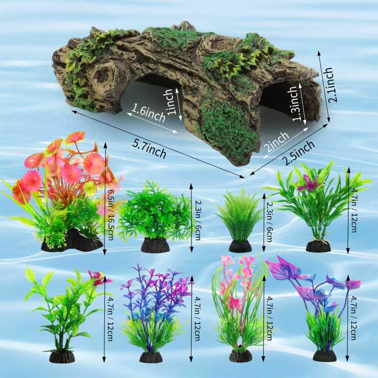Resin Hollow Tree Trunk Betta Log Cave 1pcs with Aquarium Plants x 8pcs - Fish Tank Decorations for Betta Fish, Small