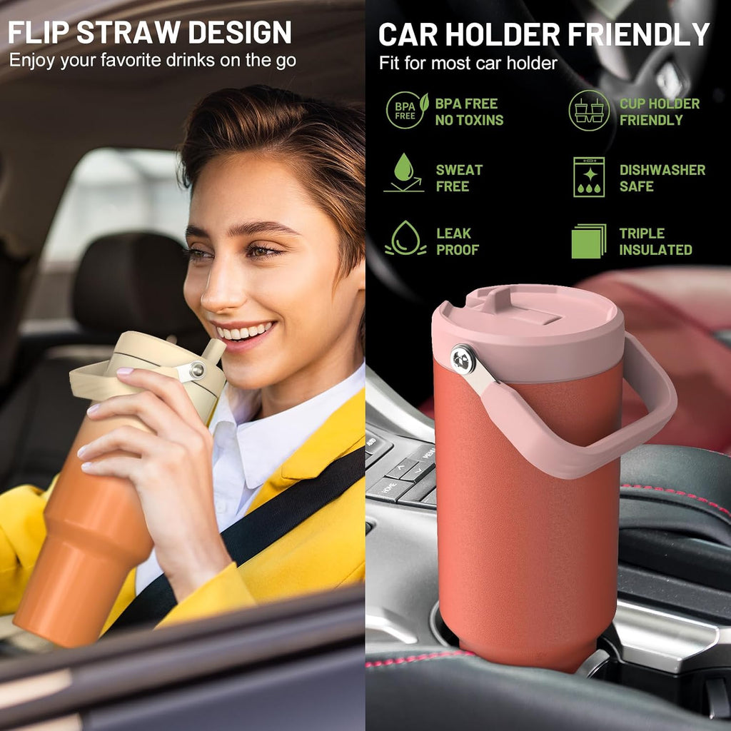 40 oz Insulated Tumbler with Top Handle and Flip Straw | Vacuum Insulated Stainless Steel Cup with Leak-Proof Lid
