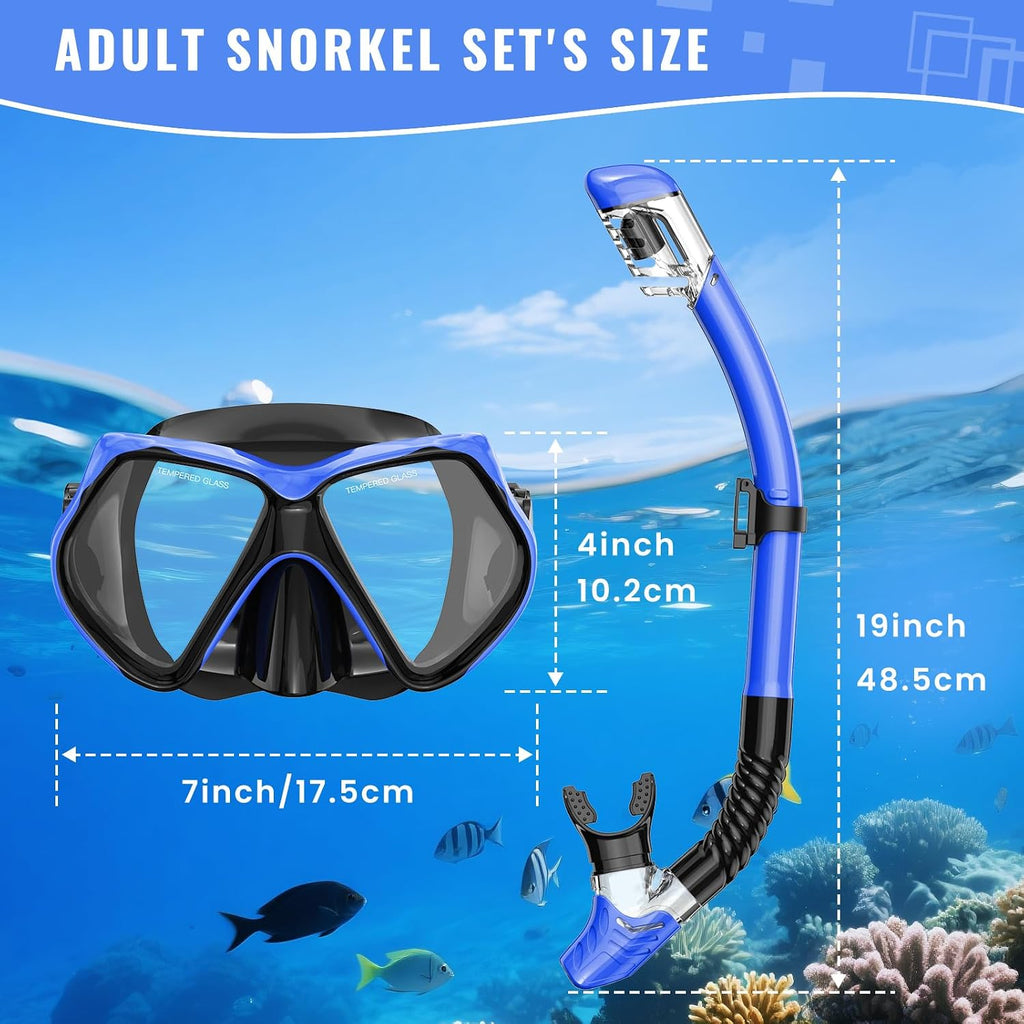 Snorkeling Gear for Adults, Snorkel Set Scuba Diving mask Dry-Top, Adult Swimming Goggles w/Nose Cover, HD Tempered