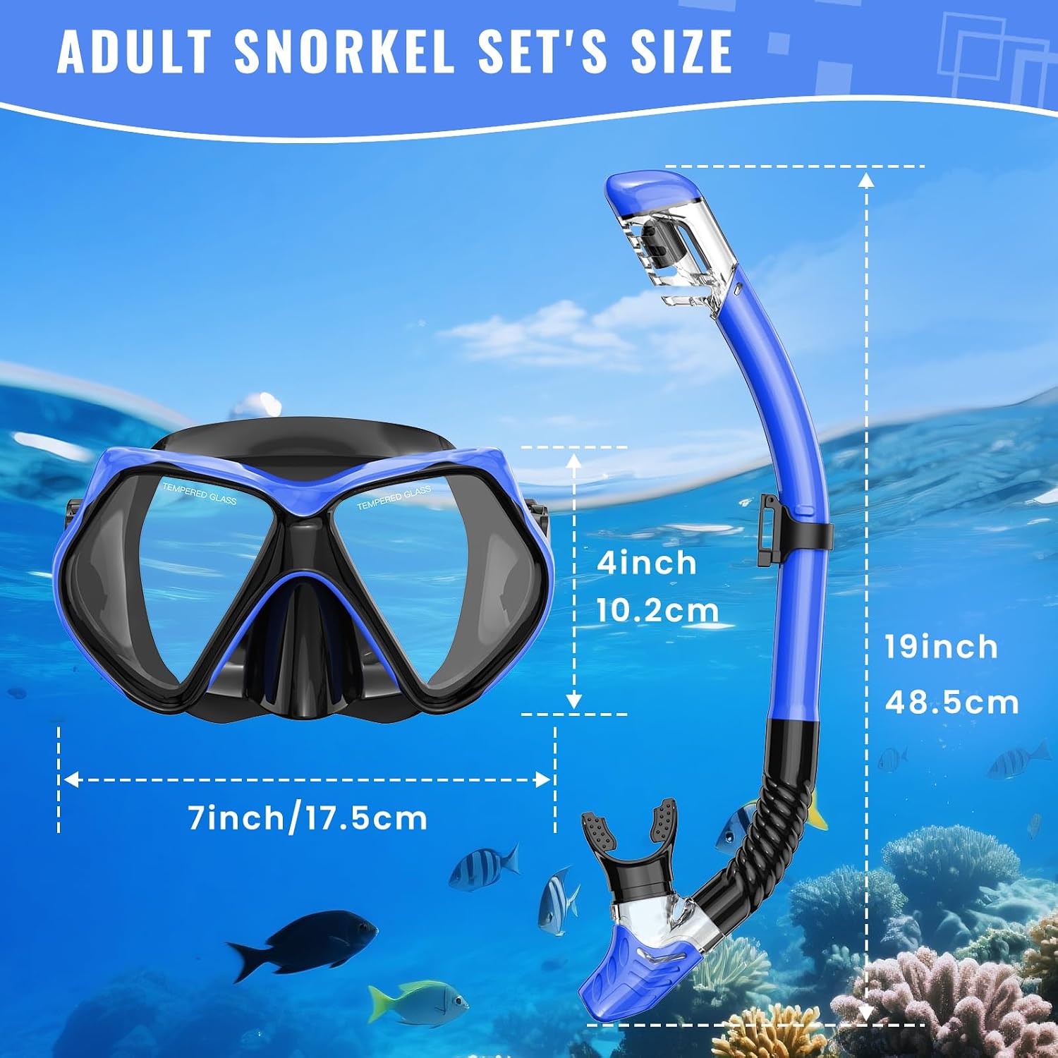 Snorkeling Gear for Adults, Snorkel Set Scuba Diving mask Dry-Top, Adult Swimming Goggles w/Nose Cover, HD Tempered