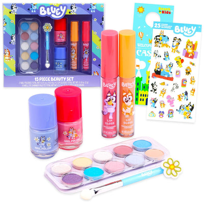 Beauty Set - Makeup Bundle with Eye Shimmer Palette, Nail Polish, Lip Gloss, Appplicator Brush Plus Stickers, More |