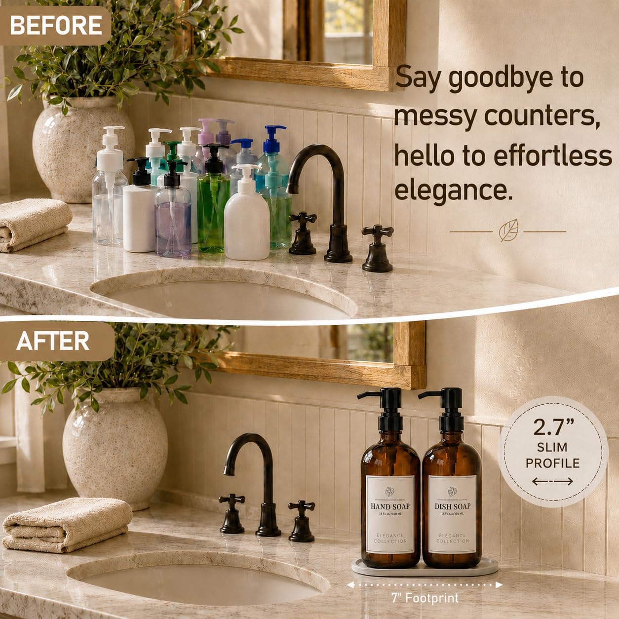 Amber Glass Soap Dispenser 2 Pack, 16 Fl Oz, 14 Waterproof Labels | Leak-Resistant Stainless Steel Pump, Non-Slip