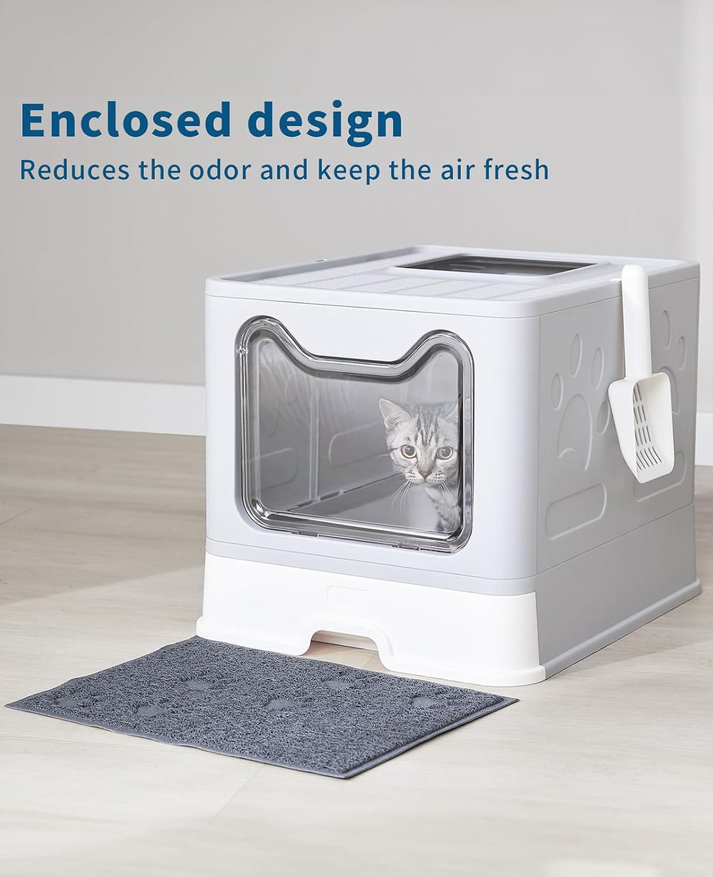 Cat Litter Box with Litter Mat and Scoop, Large Covered Litter Box with Lid, Enclosed Kitty Box, Front Entry Top