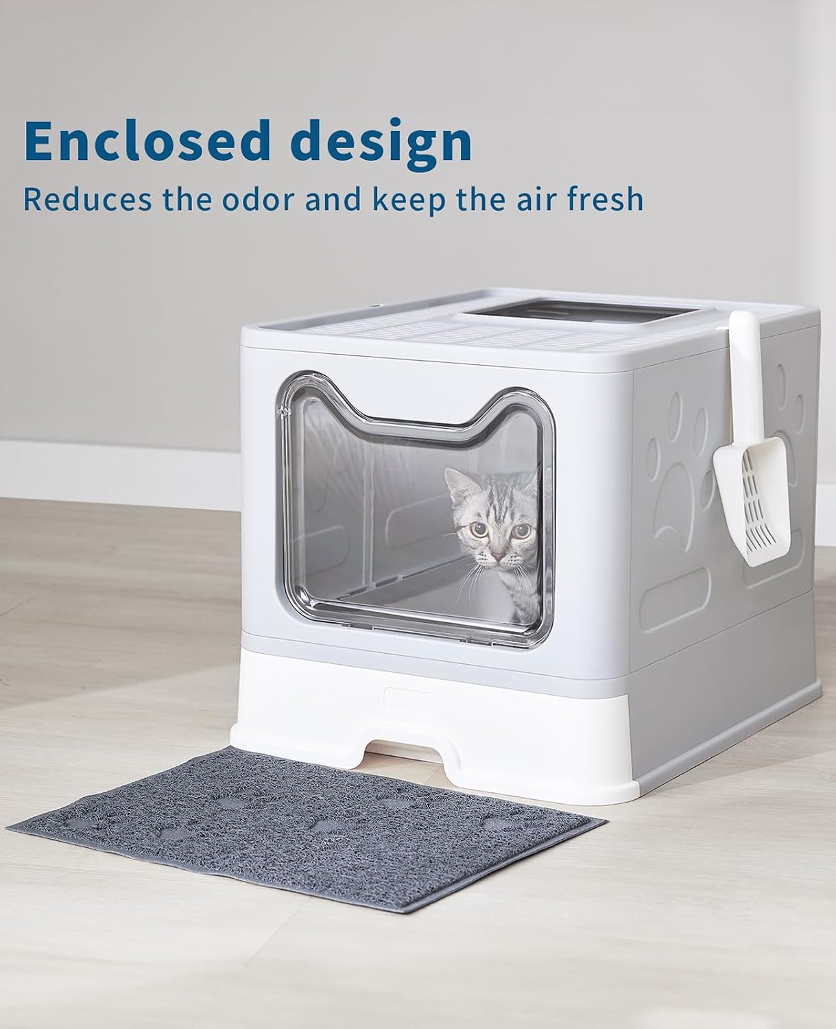 Cat Litter Box with Litter Mat and Scoop, Large Covered Litter Box with Lid, Enclosed Kitty Box, Front Entry Top