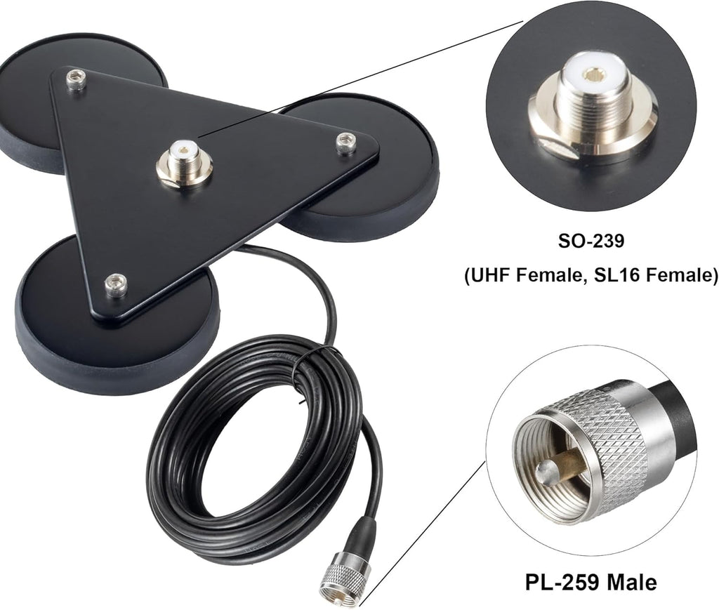 Heavy Duty 8.8inch Triangle Super Strong Magnetic Base Mount SO-239 Connector with 16.4FT Cable PL-259 Plug for Car
