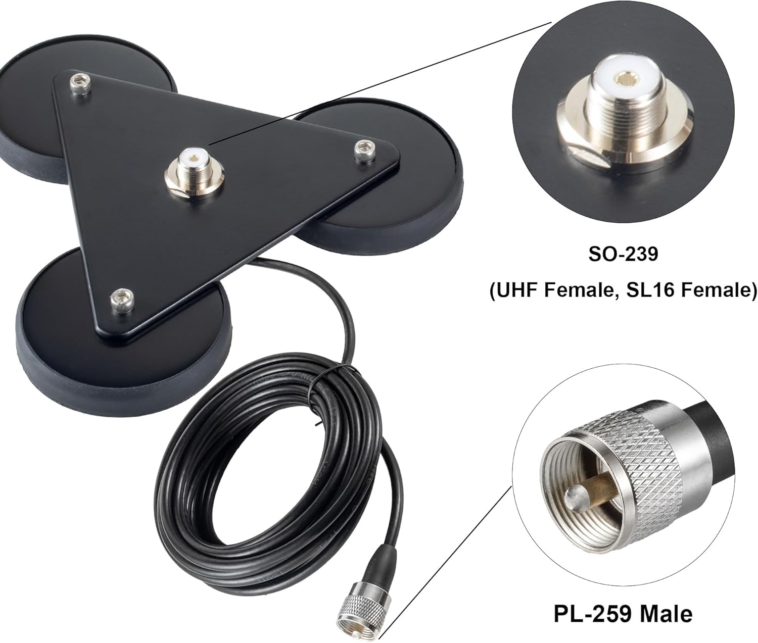 Heavy Duty 8.8inch Triangle Super Strong Magnetic Base Mount SO-239 Connector with 16.4FT Cable PL-259 Plug for Car
