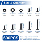 600 Pieces M3 Button Head Socket Cap Screws Nuts Washers Set Black
