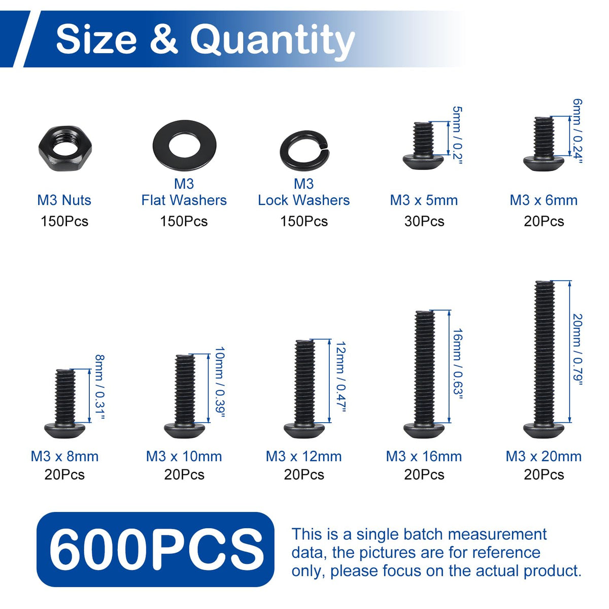 600 Pieces M3 Button Head Socket Cap Screws Nuts Washers Set Black