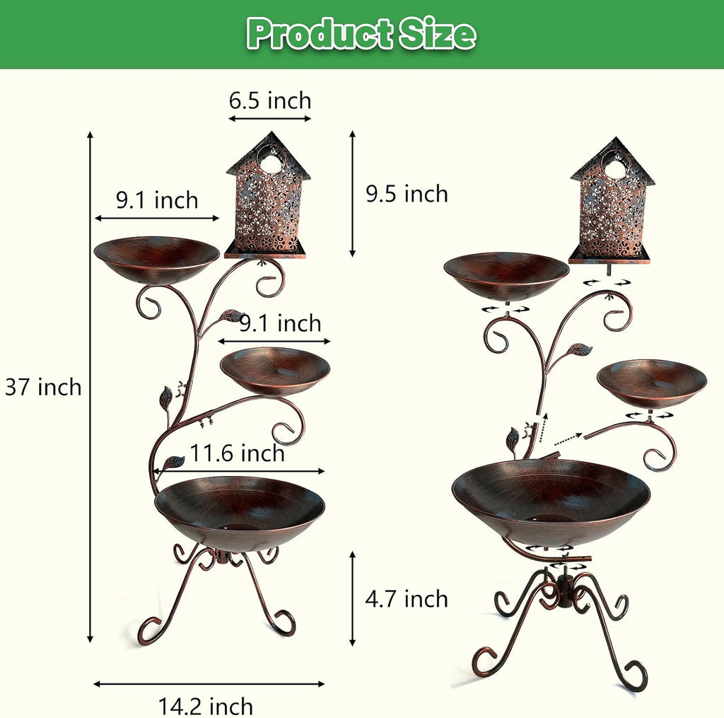 Bird Bath for Outside, 37" Antique Brass Metal Bird Bath Outdoors with Solar Lights, 4-in-1 Rust-Resistant Bird