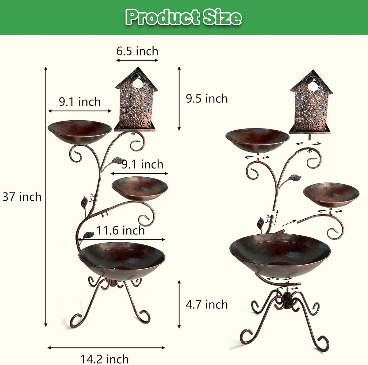 Bird Bath for Outside, 37" Antique Brass Metal Bird Bath Outdoors with Solar Lights, 4-in-1 Rust-Resistant Bird