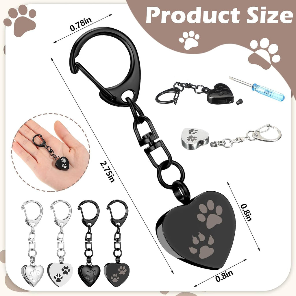 4 Pcs Pet Urn Keychain for Dog Ashes Heart Shaped Dog Ashes Keychain Stainless Steel Pet Ashes Keepsake Paw Print