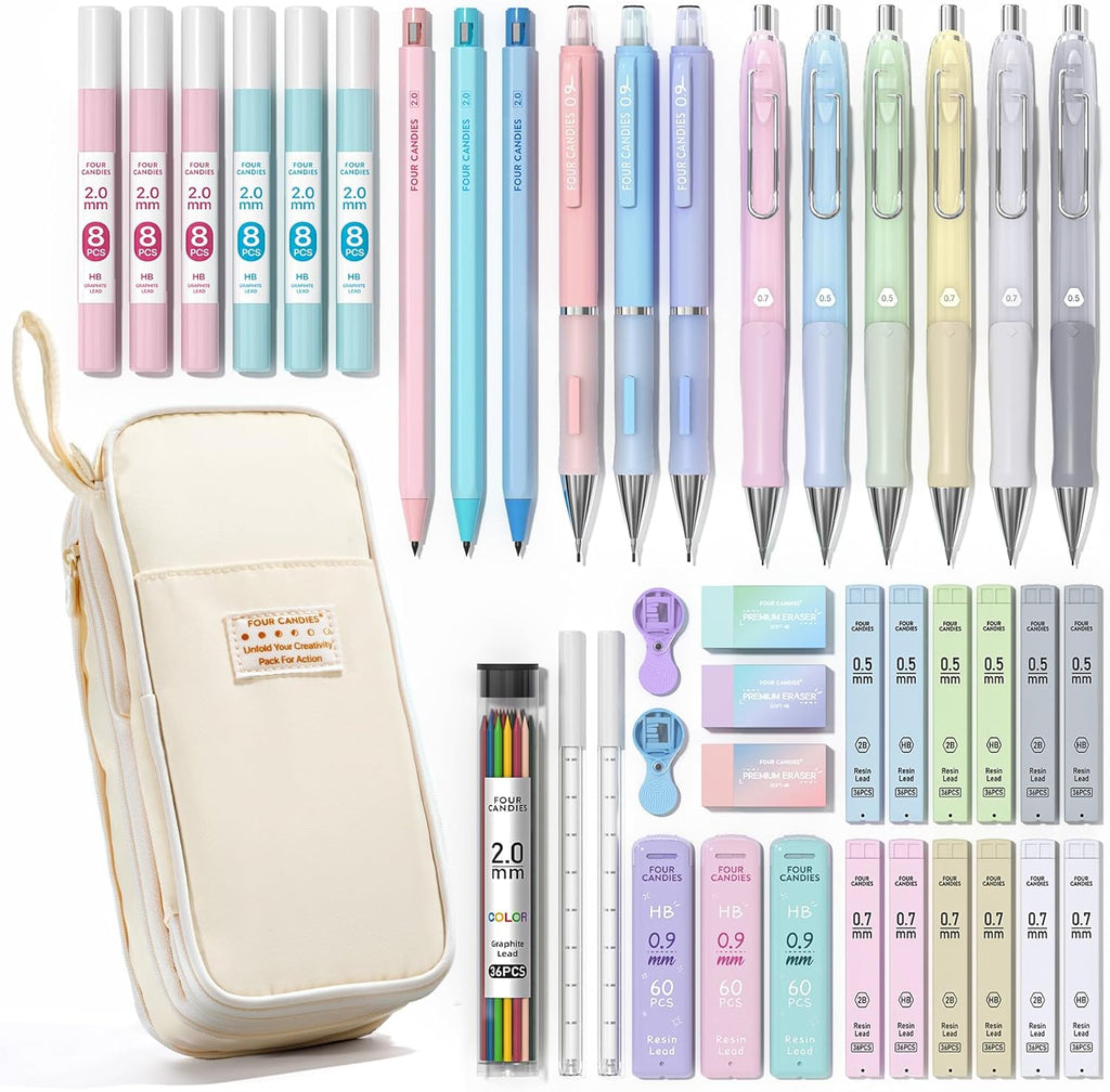 42PCS Mechanical Pencil Set with 696 Lead Refills (Cream) | 0.5mm - 2.0mm Mechanical Pencils, Aesthetic School