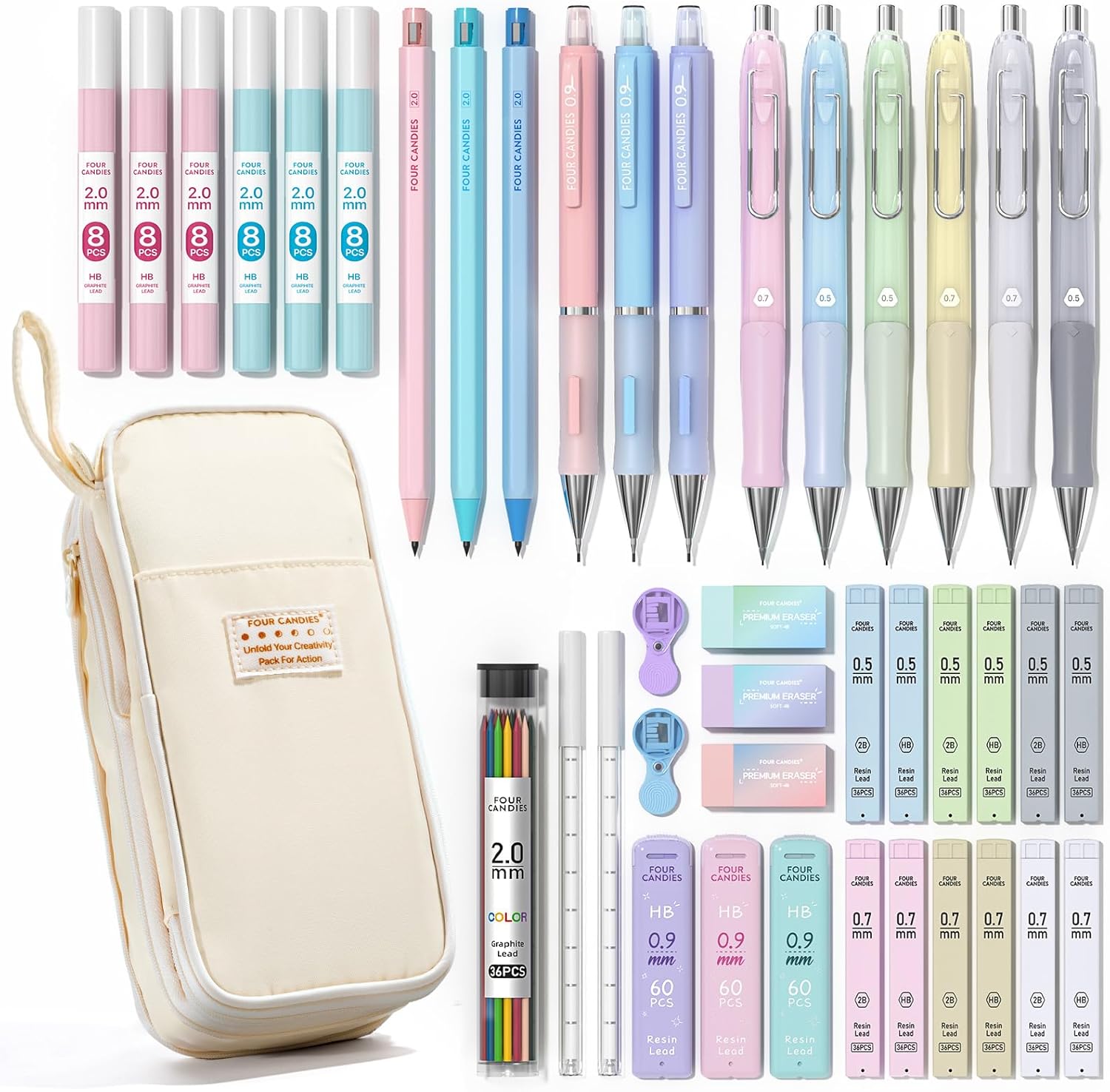 42PCS Mechanical Pencil Set with 696 Lead Refills (Cream) | 0.5mm - 2.0mm Mechanical Pencils, Aesthetic School