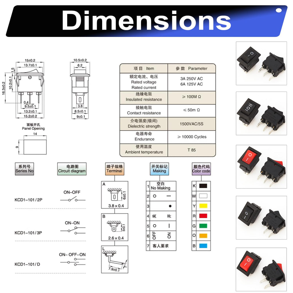 Rocker Switch PCB Switch Assortment Kit,KCD11 Mini Rocker Switch 2Pin 3Pin ON/Off Switch Panel Mount Latching Rocker Switch for Electronic Applications (KI-RK-KCD11)