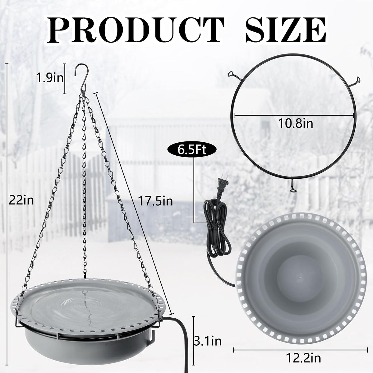 1 Set 100W Thermostatical Hanging Heated Birdbath for Winter Outdoor