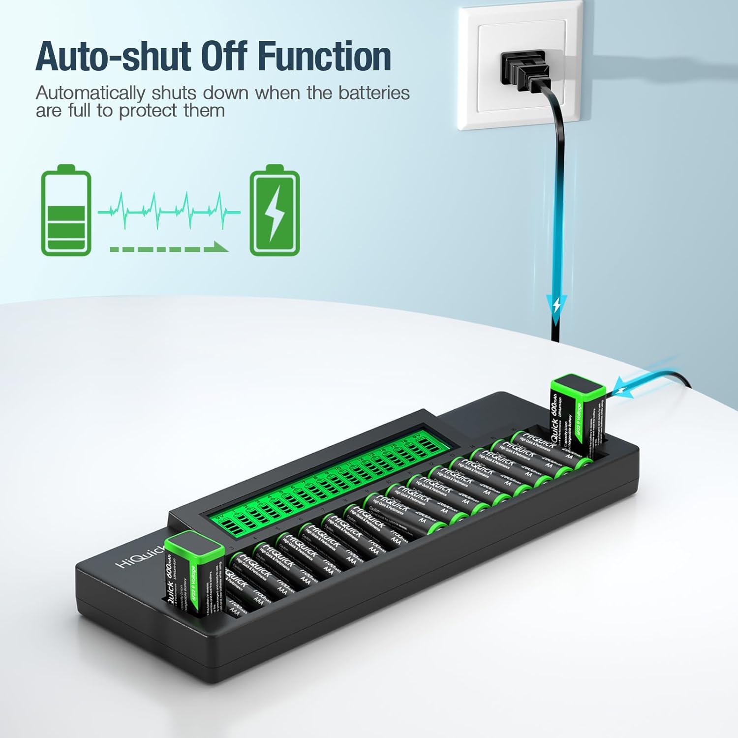 16+2 Bay Battery Charger, Fast Charge for AA AAA 9V NiMH/NiCD, LCD | Charge up to 16 AA/AAA & 2 9V batteries at once，