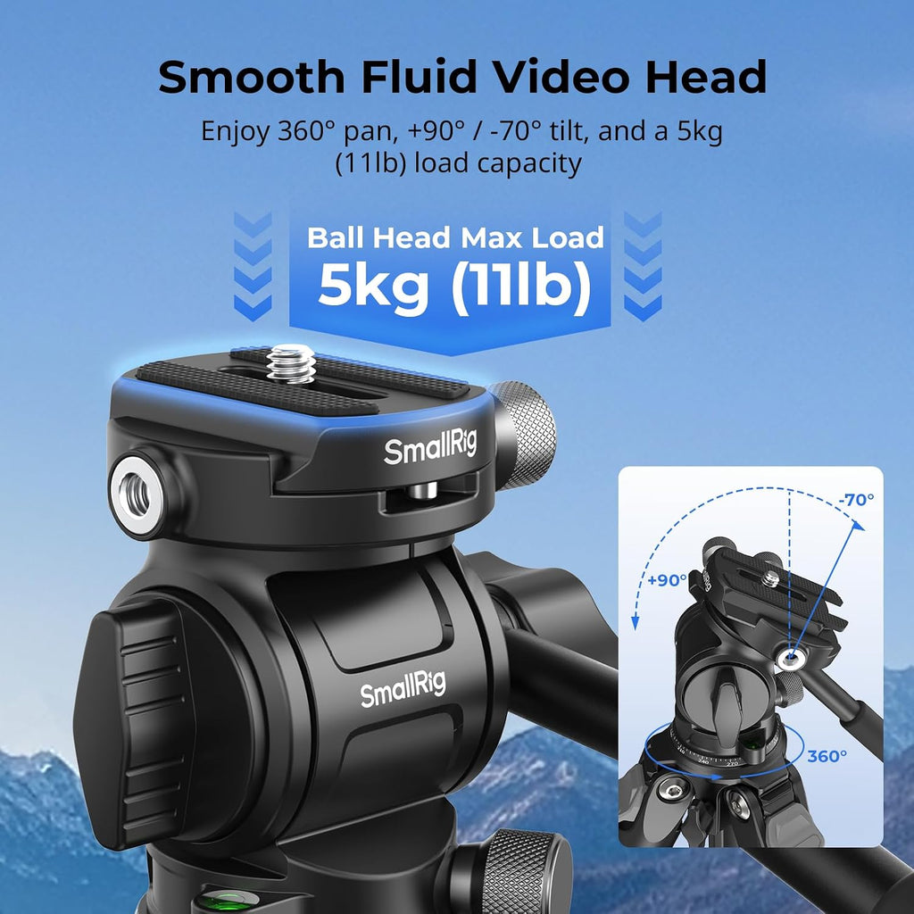 Portable Travel Video Tripod, Carbon Fiber Compact Tripod for Outdoor Photography, 5kg Load, Fluid Head with 360° Pan