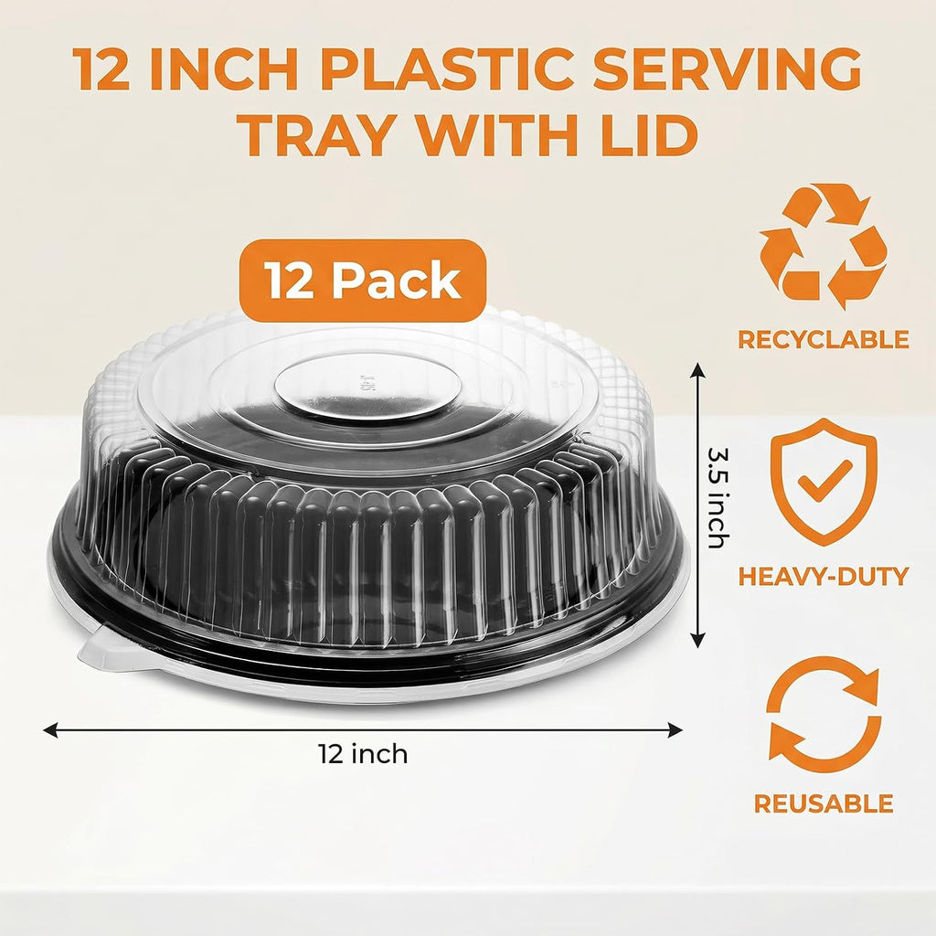 12 Pack 12 Inch Plastic Serving Tray with Lid, Disposable Plastic Food Serving Platters with Clear Dome Lids