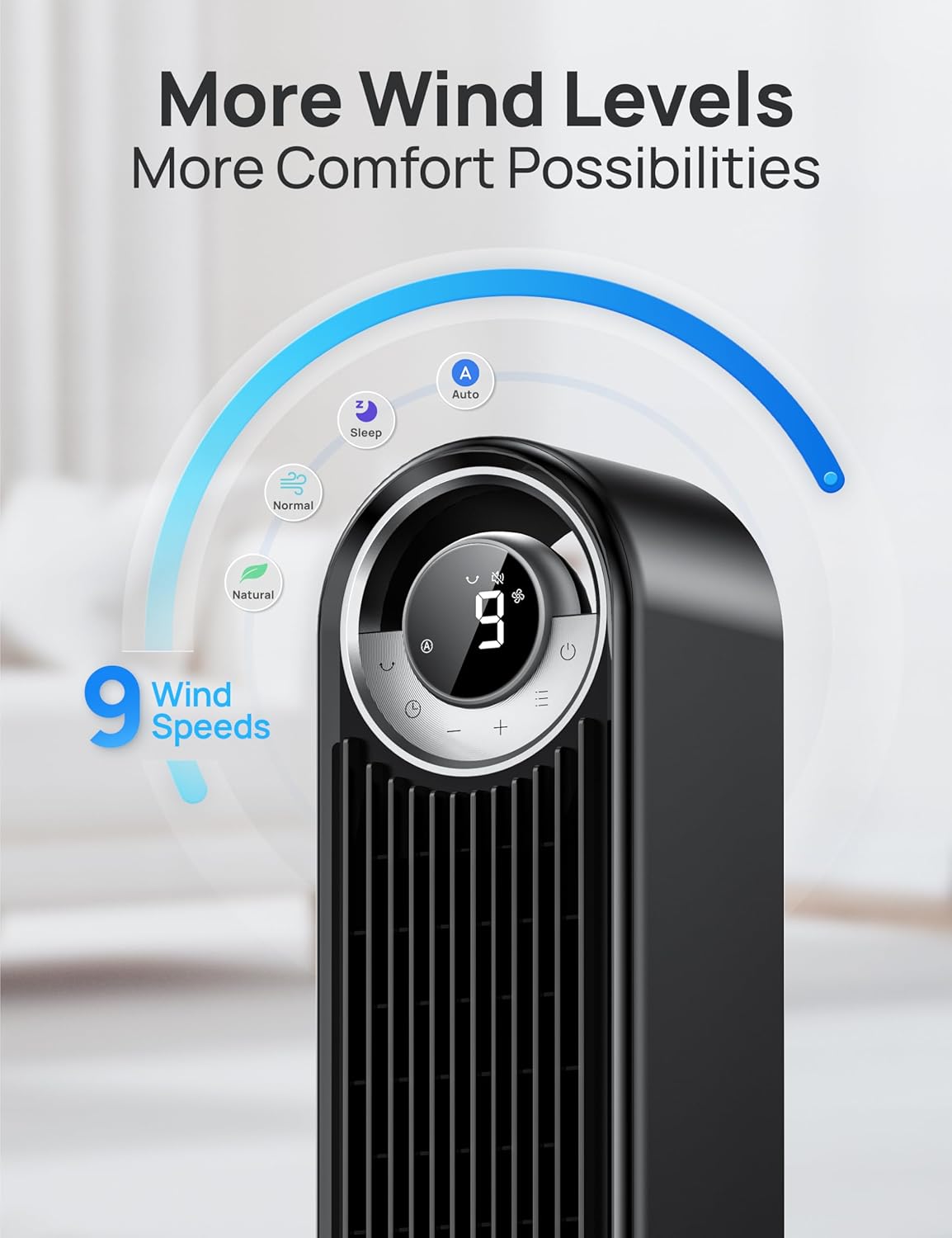 Tower Fan for Bedroom, Upgraded DC 28ft/s Velocity, 25dB Quiet Fan | 9 Speeds Standing Fan, 90° Oscillating Cooling