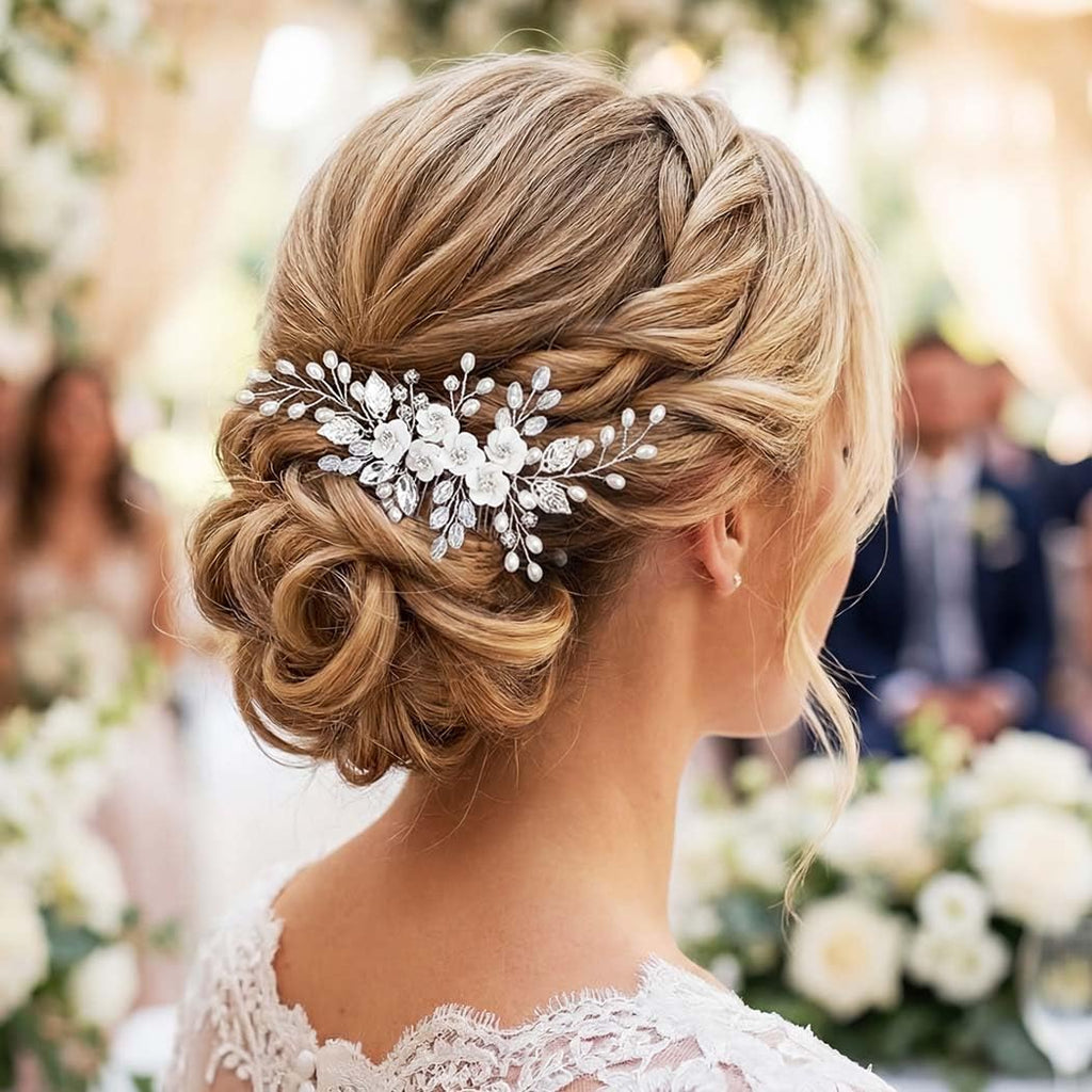 Flower Bride Wedding Hair Comb Leaf Silver Bridal Headpiece Pearl Hair Accessories Crystal Hair Piece Jewelry for
