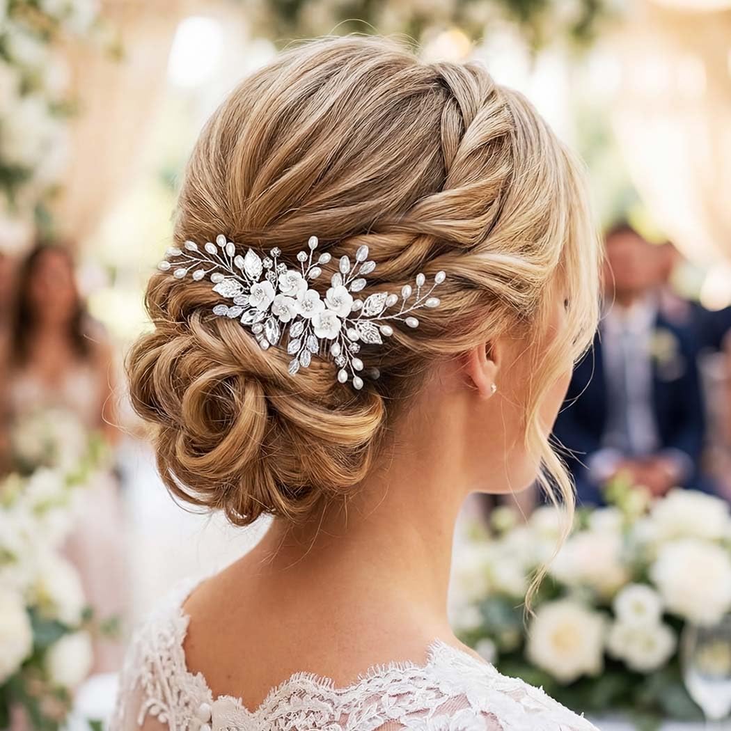 Flower Bride Wedding Hair Comb Leaf Silver Bridal Headpiece Pearl Hair Accessories Crystal Hair Piece Jewelry for