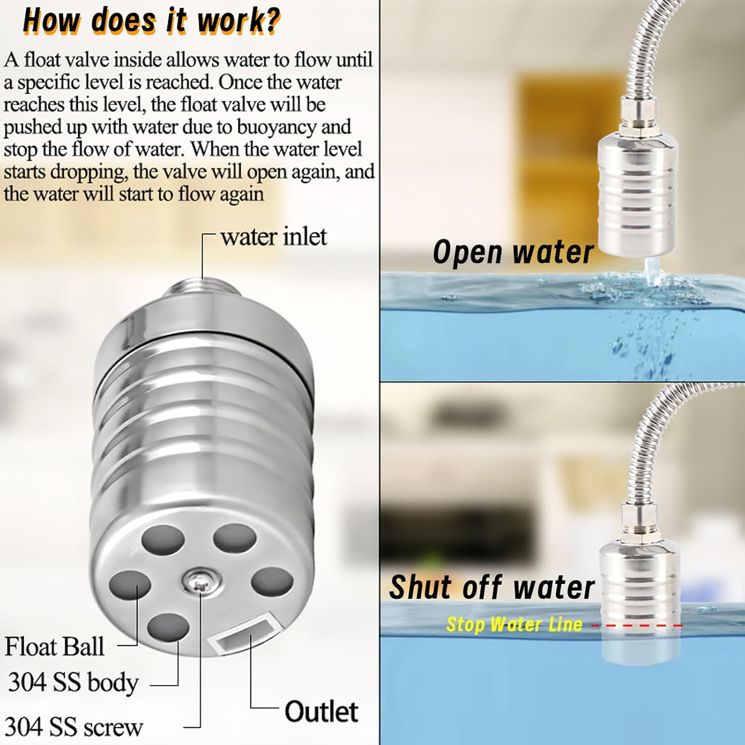 2-Pack Float Valve, 1/2" to 3/4'' 1" 304 Stainless Steel Fully Automatic Water Level Controller Water Float Valve for