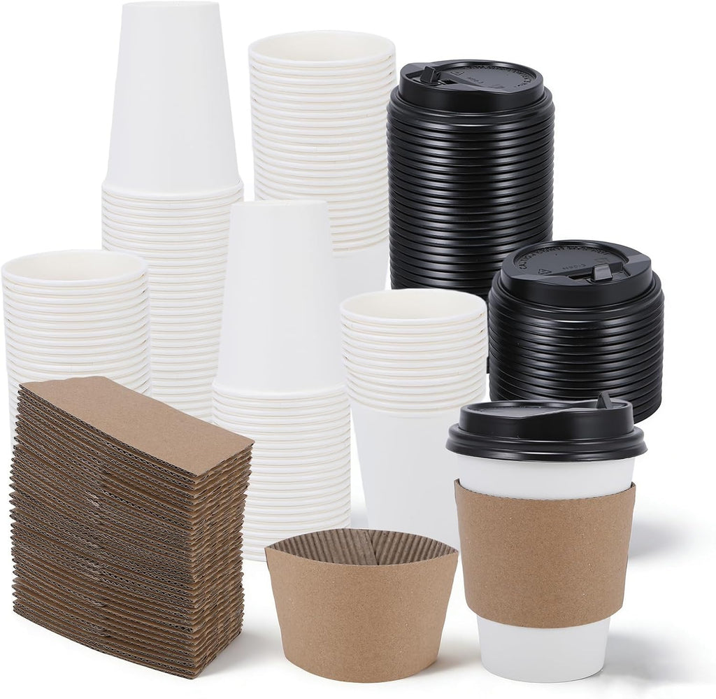 Coffee Cups, 50 Pack 12 oz Disposable Coffee Cups with Lids | and Sleeves Leak-proof & Sturdy Thick Paper, To Go Hot