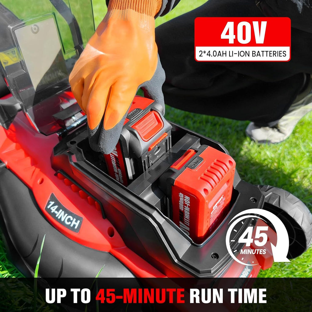 40V Electric Lawn Mower Cordless, 14" Electric Push Mower with Grass Catchers, 2 x 4.0 Ah Batteries & Charger