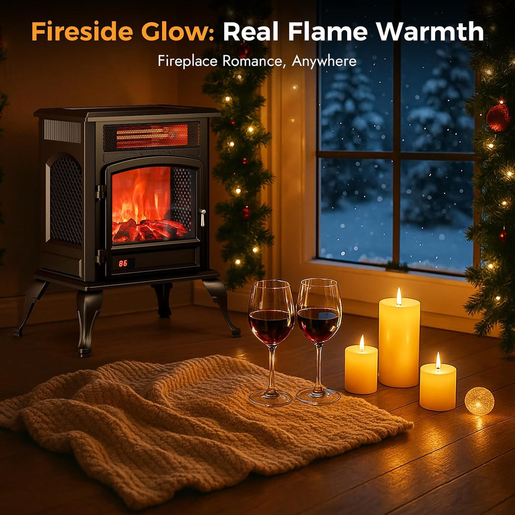 Electric Fireplace Stove Heater - Freestanding Electric Fireplace Heater with 3D Flame Effect, 1500W Infrared